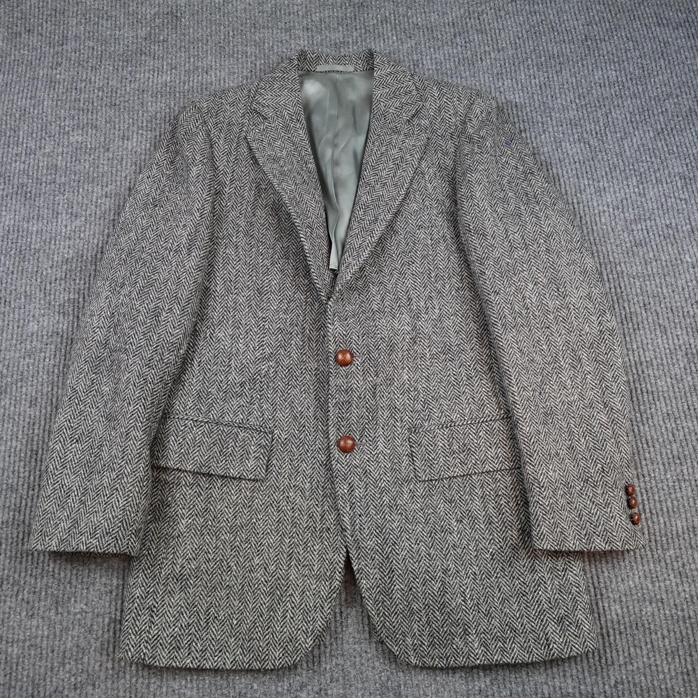 Vintage Harris Tweed Blazer Mens 38R Gray Wool Sport Coat USA Herringbone